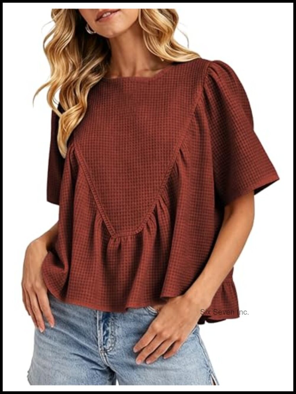 Womens Peplum Babydoll Top Waffle Knit Short Sleeve Blouse